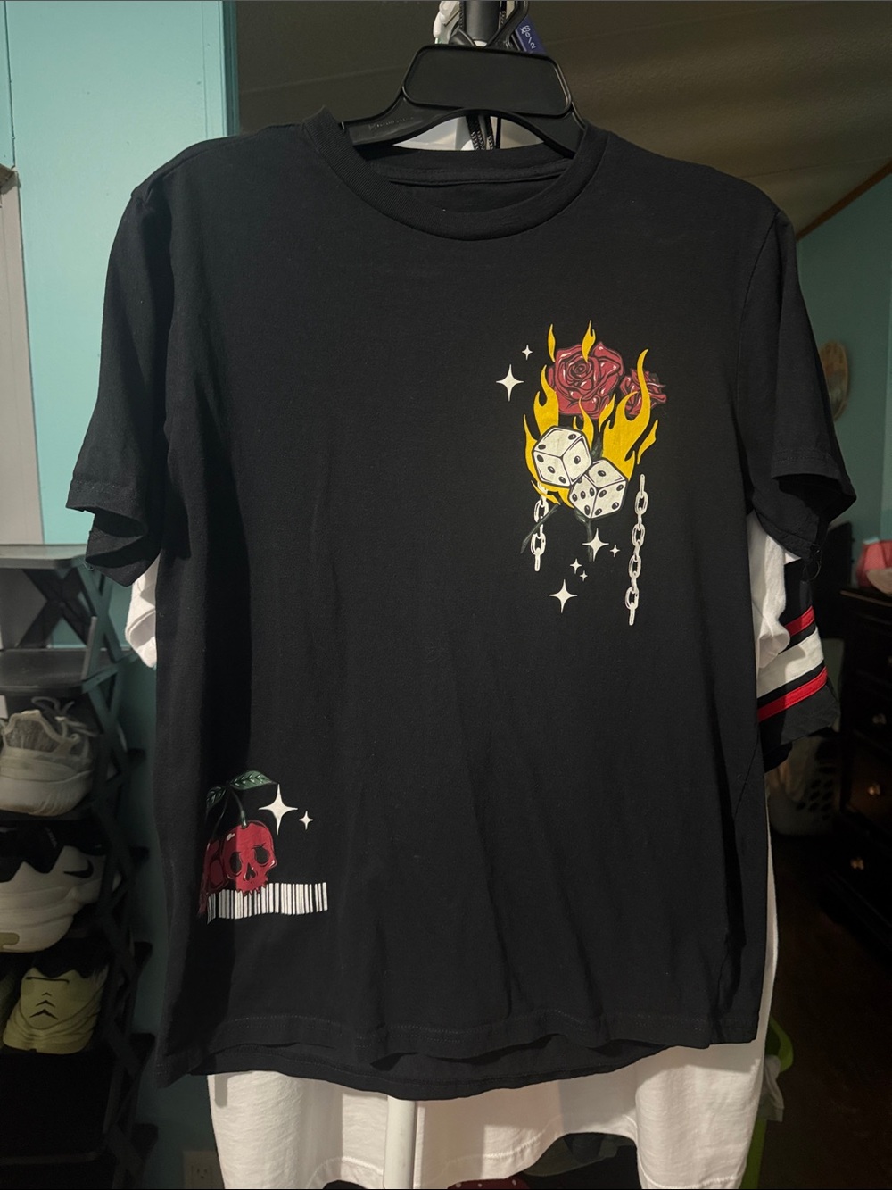 Black Women's Graphic Tee with Flaming Dice and Rose